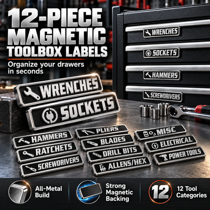 12-Piece Magnetic Toolbox Organizer Labels – Find Your Tools Faster & Keep Drawers Organized