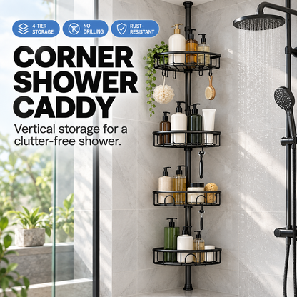 4-Tier Adjustable Corner Shower Caddy with Hooks