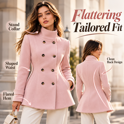 🌸 Women's Elegant Double-Breasted Coat – Flattering Tailored Waist, Stand Collar & Flared Hem
