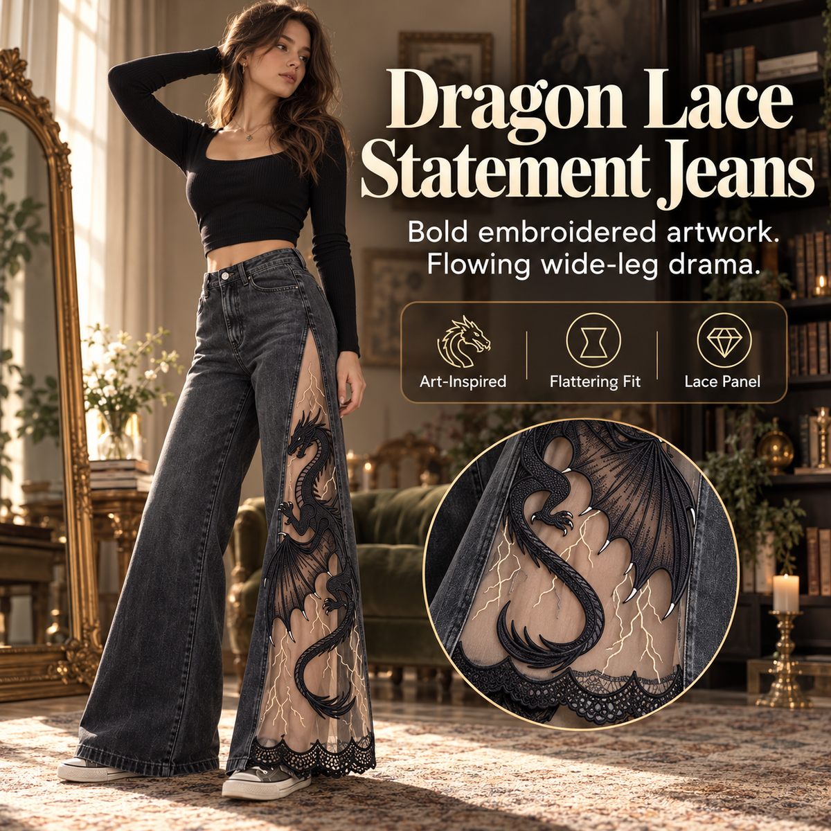 Women's Gothic Dragon Embroidered Jeans – Lace-Panel Wide-Leg Denim