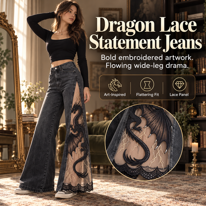 Women's Gothic Dragon Embroidered Jeans – Lace-Panel Wide-Leg Denim