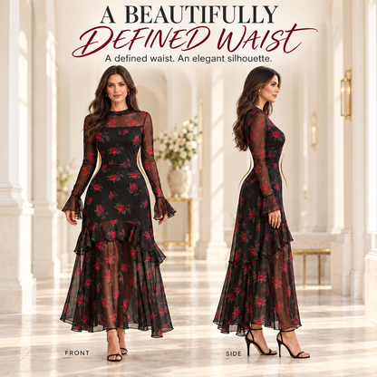 Vintage Floral Embroidered Mesh Long Sleeve Maxi Dress