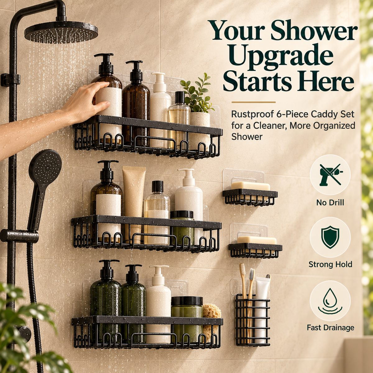 6-Piece Shower Caddy Set – No-Drill Bathroom Storage