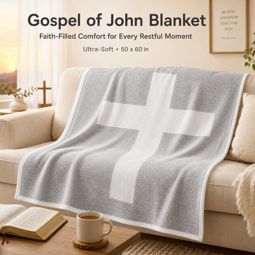 Gospel of John Blanket Soft Scripture Throw with Cross Silhouette