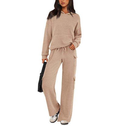 Women’s Soft Hooded Lounge Set with Wide-Leg Cargo Pants & Pockets