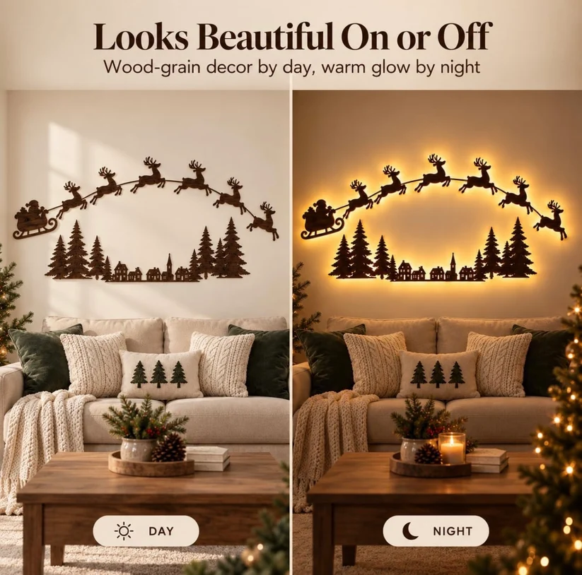 Santa & Reindeer Backlit Christmas Wall Decor for Living Room