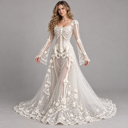 Women’s Gothic Skeleton & Rose Maxi Dress – Vintage Style, Flared Sleeves & Flowing Skirt for Halloween