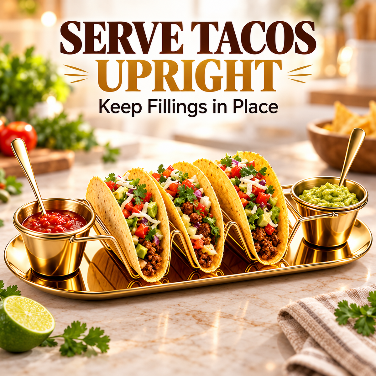 6-Piece Set Gold Taco Holder & Serving Set with Sauce Cups