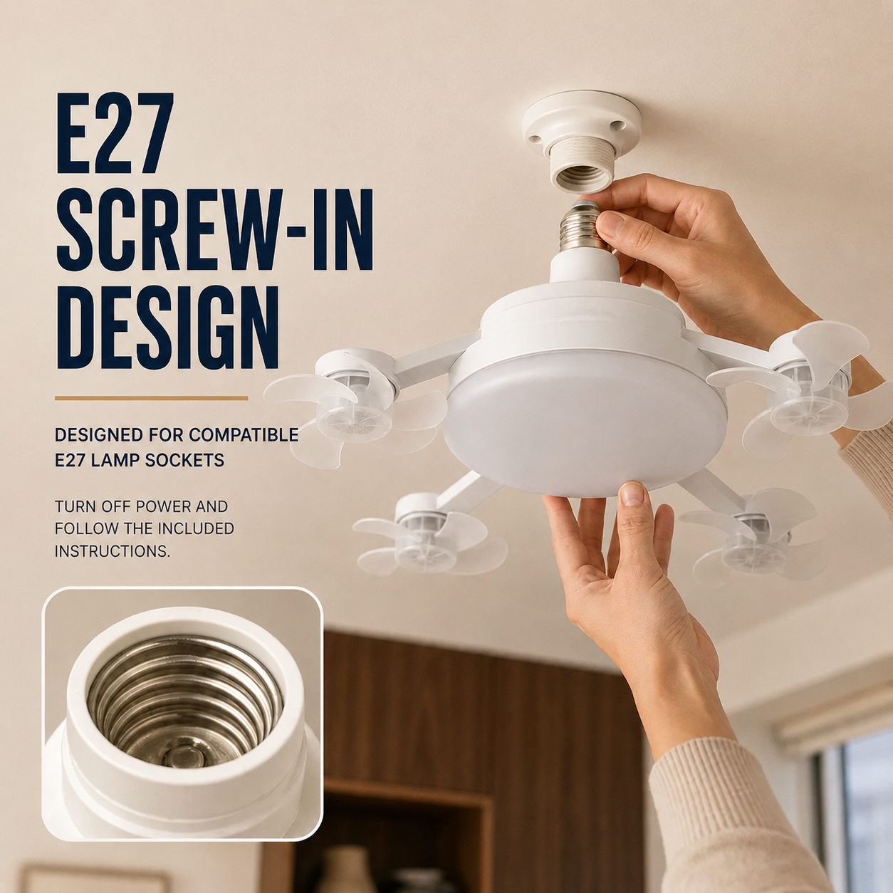 🌀2-in-1 E27 Screw-In Ceiling Fan Light