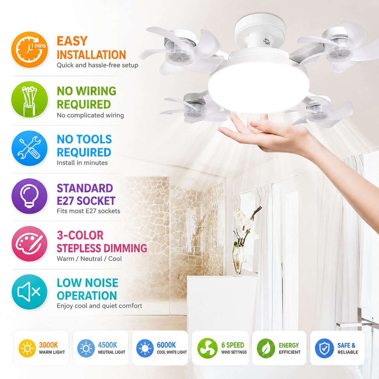 🌀2-in-1 E27 Screw-In Ceiling Fan Light