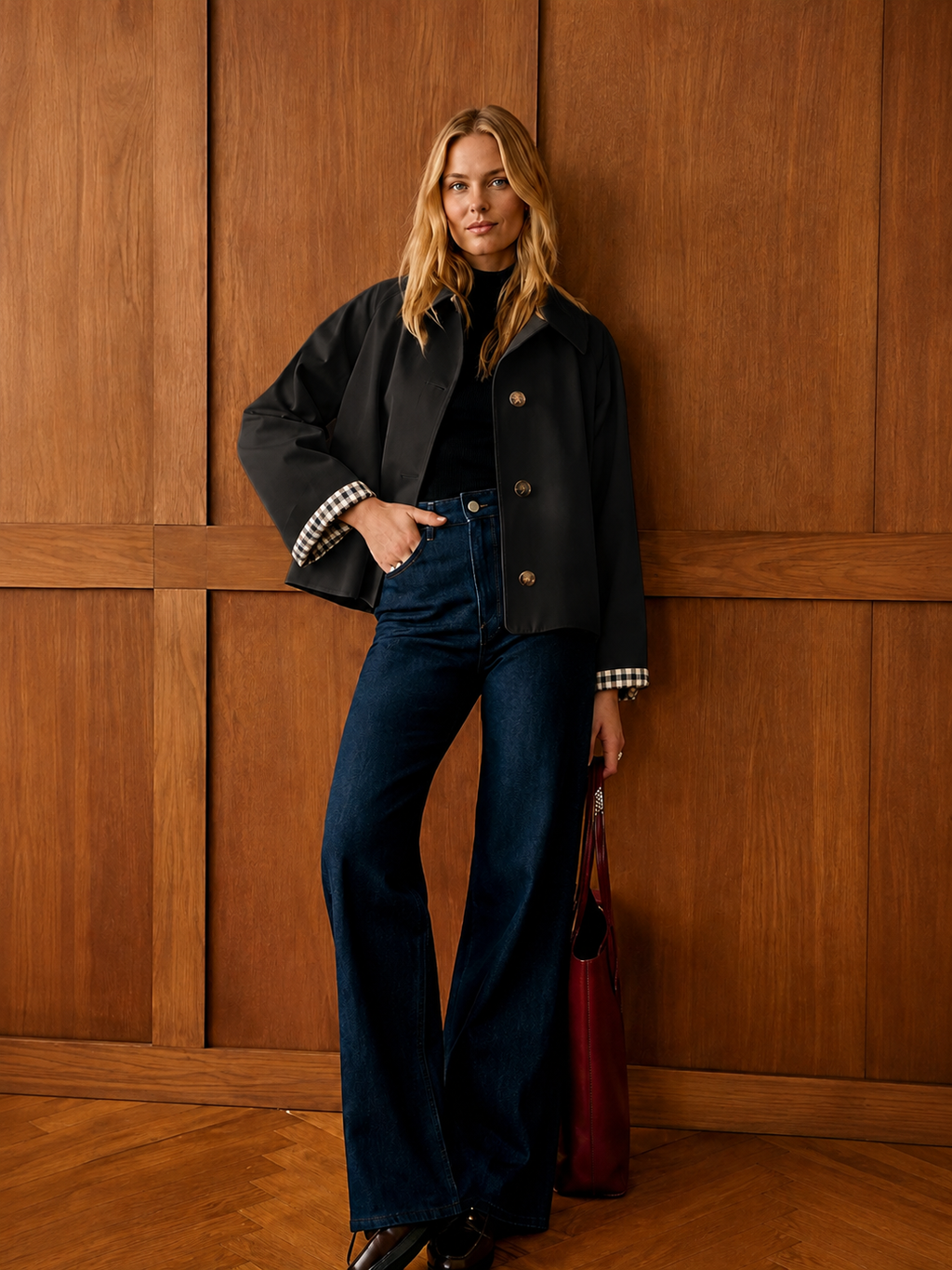 Women’s Cropped Trench Coat – Classic Collar, Oversized Fit, Checkered Lining & Functional Pockets