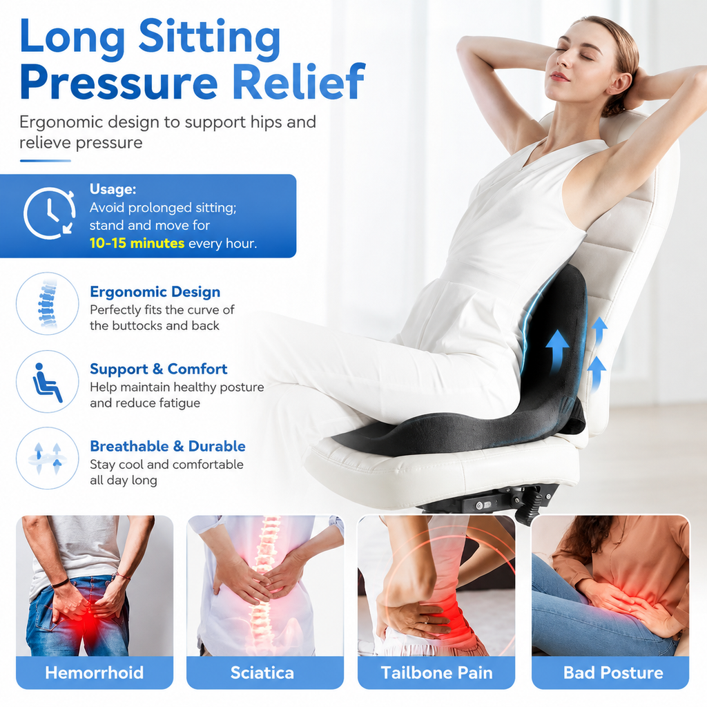 Memory Foam Seat Cushion – Non-Slip, Deep Seat, Back Support & Removable Cover