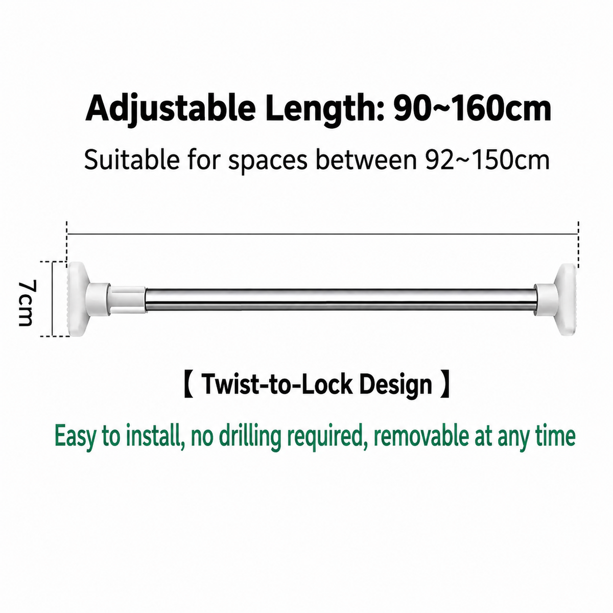 Drill-Free Adjustable Tension Rod | Multi-Size Clothes Drying & Closet Bar