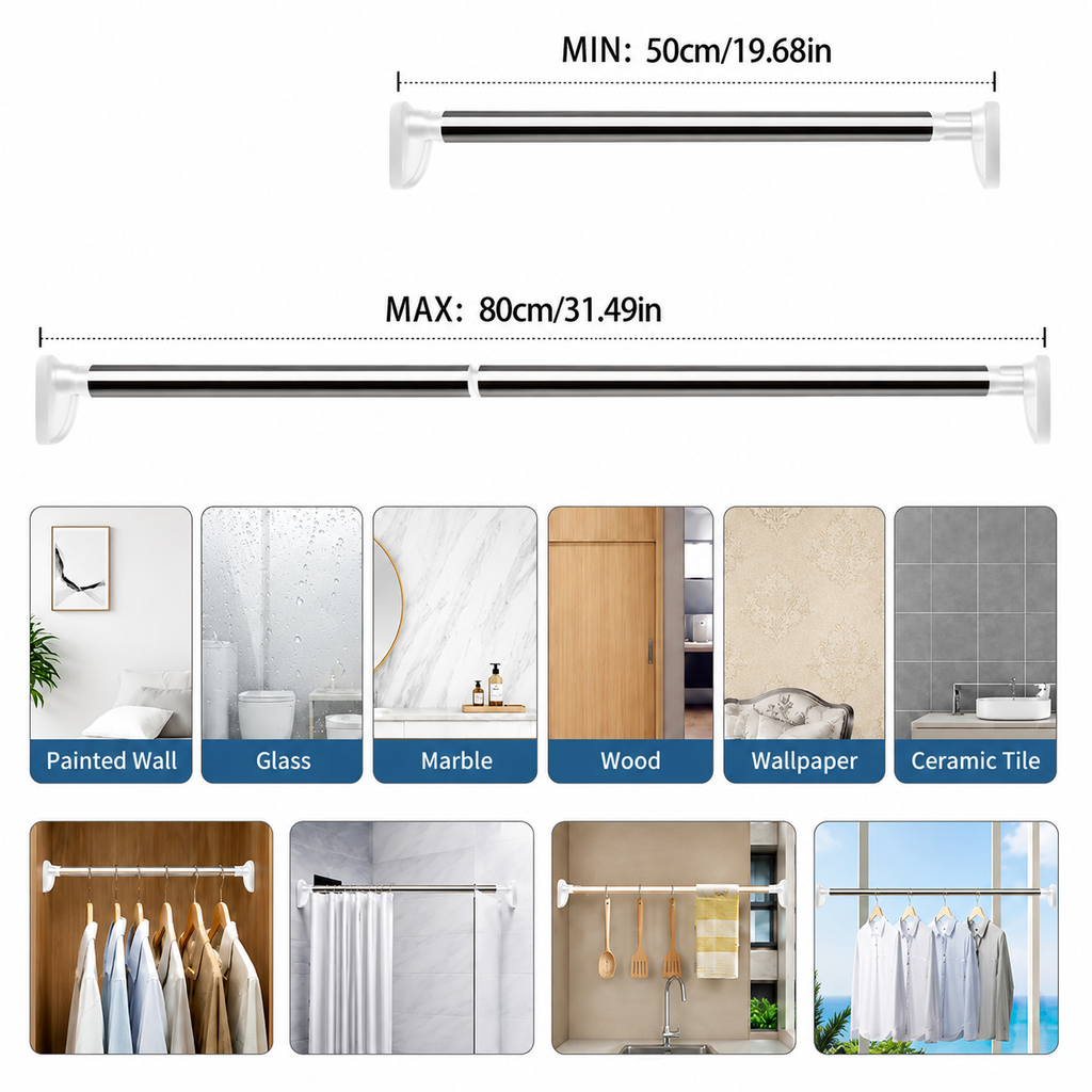 Drill-Free Adjustable Tension Rod | Multi-Size Clothes Drying & Closet Bar