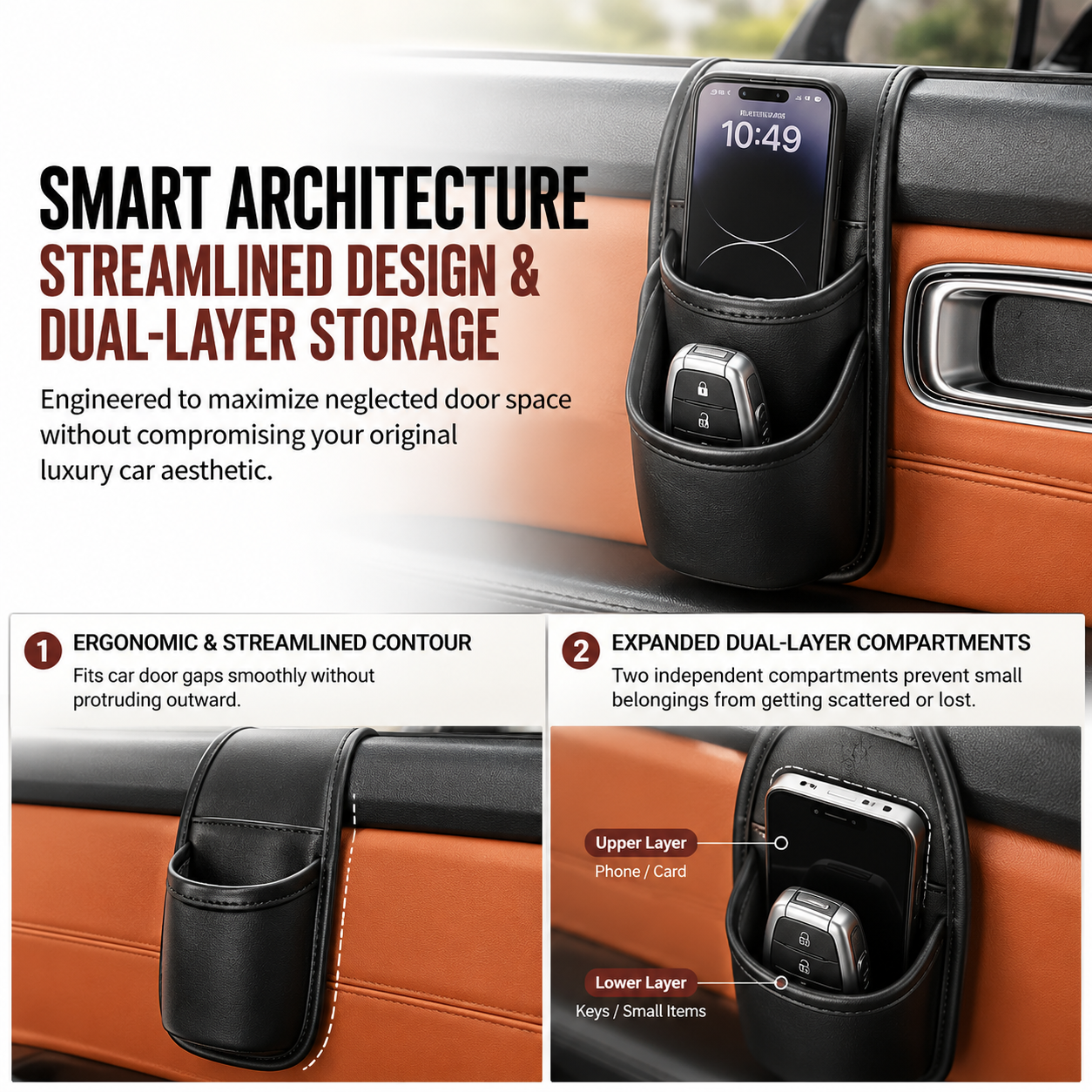 ✨ Premium Leather Car Door Storage Pocket — Dual-Layer Scratch-Proof Organizer for Phones & Keys 🚗💨