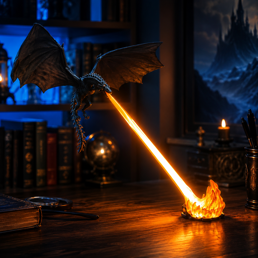 🐉 Light-Up Dragon Fire Bookshelf Lamp — Gothic Mythical Dragon Statue with Cascading Luminous Flame Effect ✨