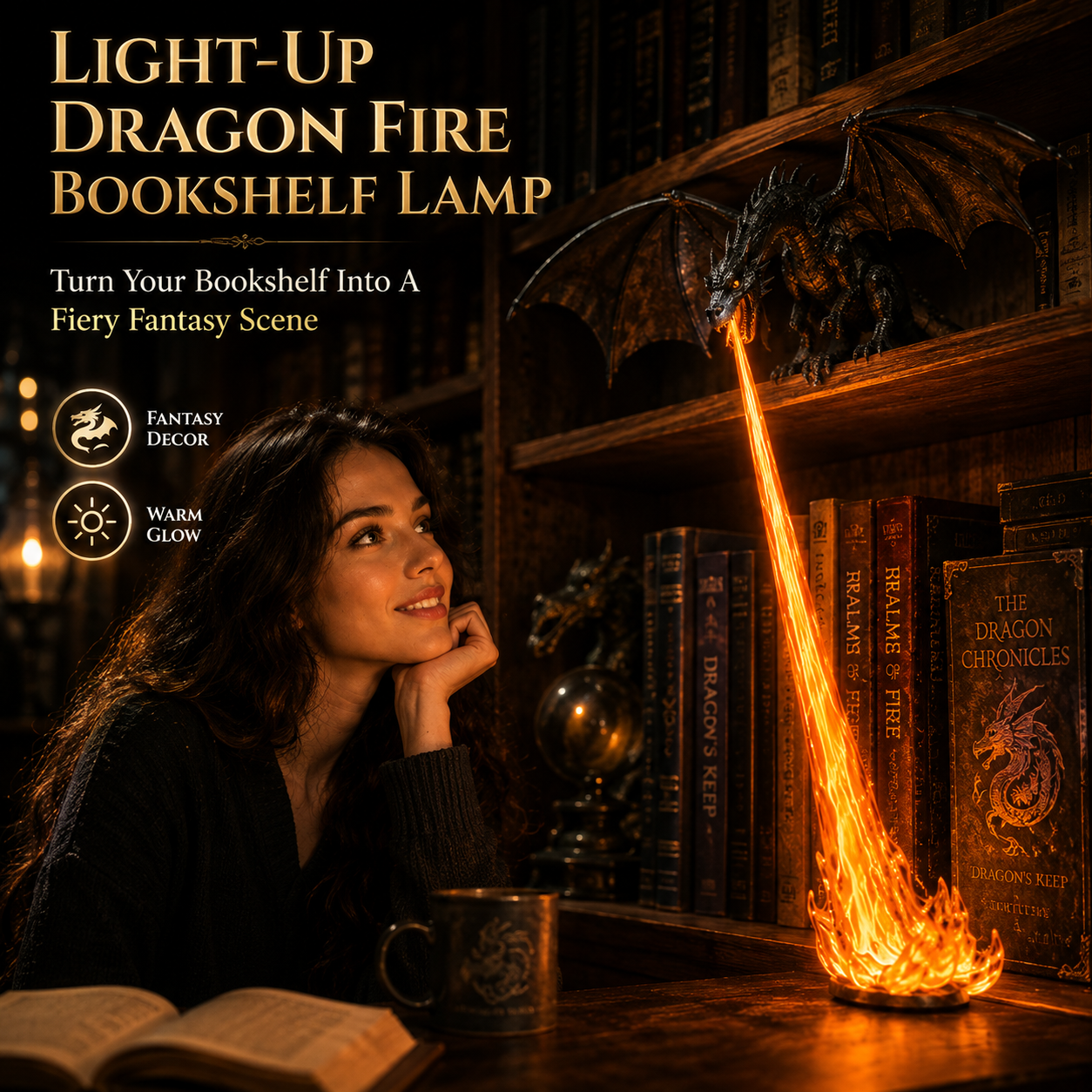 🐉 Light-Up Dragon Fire Bookshelf Lamp — Gothic Mythical Dragon Statue with Cascading Luminous Flame Effect ✨