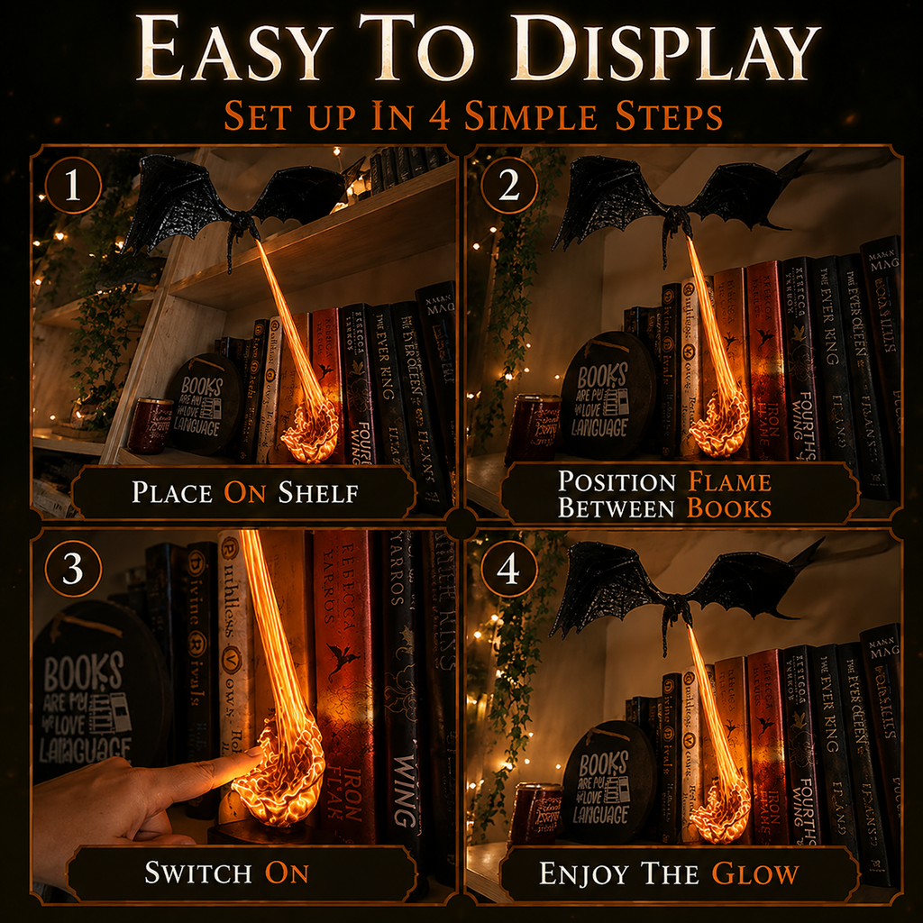 🐉 Light-Up Dragon Fire Bookshelf Lamp — Gothic Mythical Dragon Statue with Cascading Luminous Flame Effect ✨