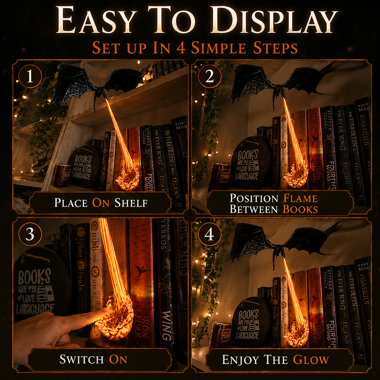 🐉 Light-Up Dragon Fire Bookshelf Lamp — Gothic Mythical Dragon Statue with Cascading Luminous Flame Effect ✨