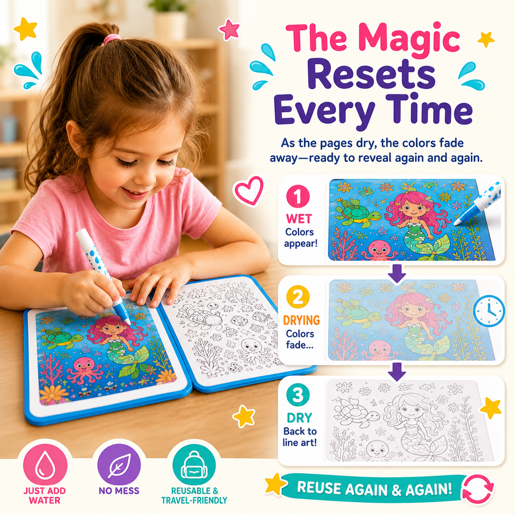 ✨ Reusable Water Coloring Book for Kids — Mess-Free & Reusable Water Painting Book with Free Refillable Pen 🎨💧