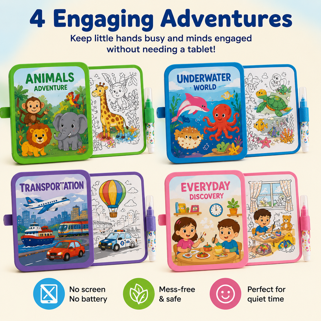 ✨ Reusable Water Coloring Book for Kids — Mess-Free & Reusable Water Painting Book with Free Refillable Pen 🎨💧