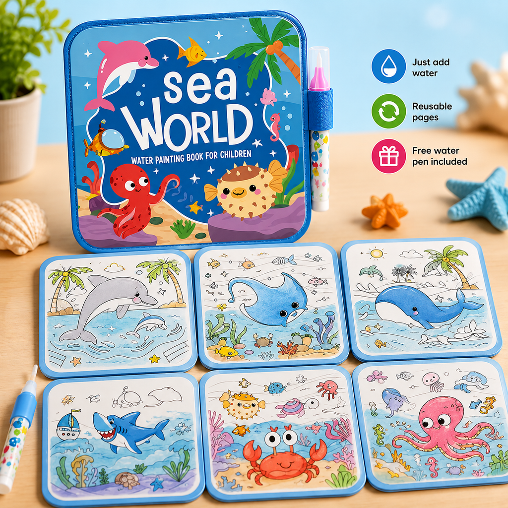 ✨ Reusable Water Coloring Book for Kids — Mess-Free & Reusable Water Painting Book with Free Refillable Pen 🎨💧