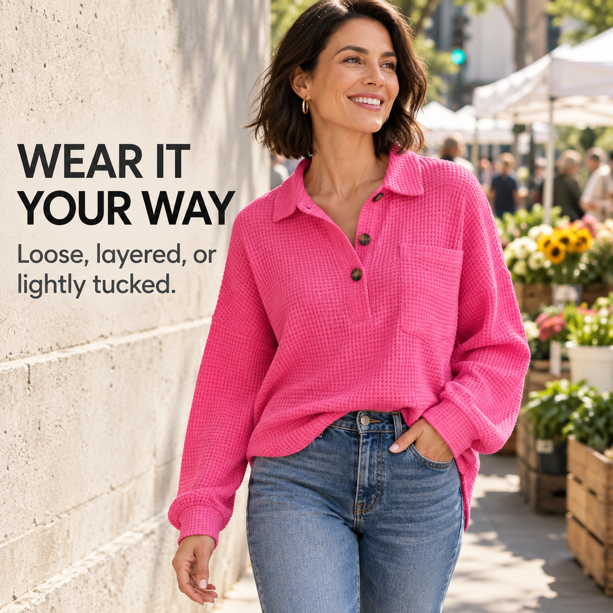 Women's Oversized Henley Waffle Shirts
