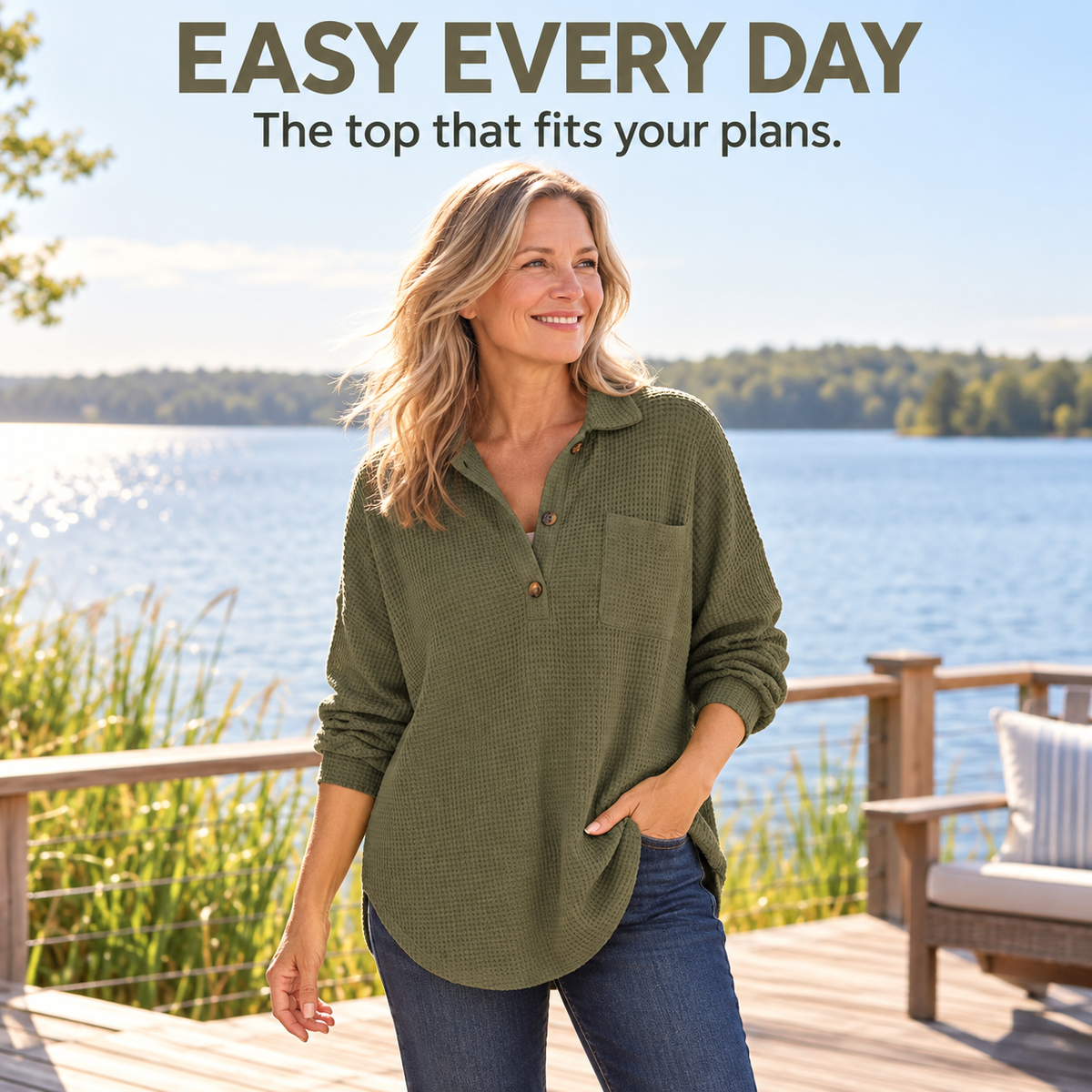 Women's Oversized Henley Waffle Shirts
