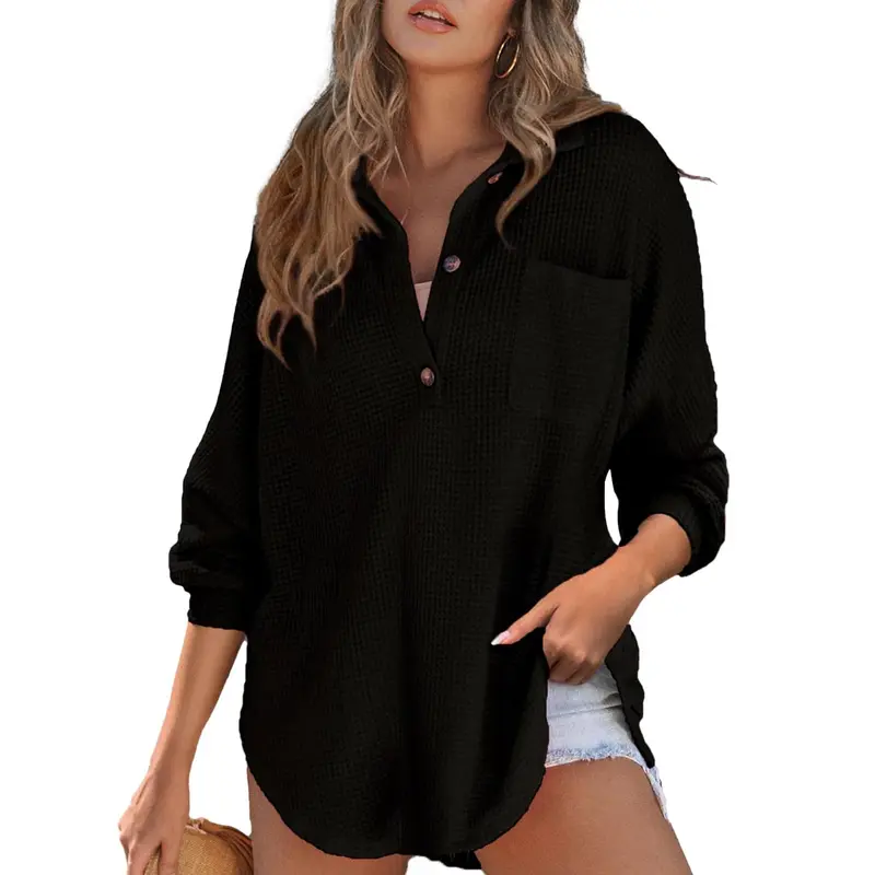 Women's Oversized Henley Waffle Shirts