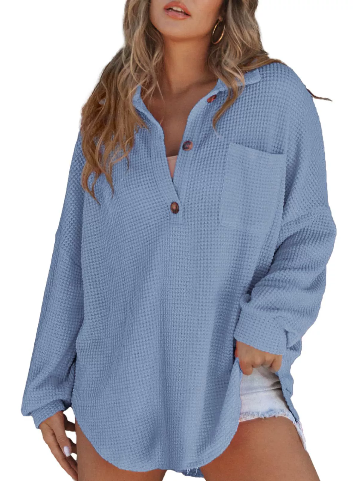 Women's Oversized Henley Waffle Shirts