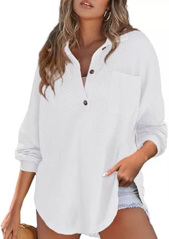 Women's Oversized Henley Waffle Shirts
