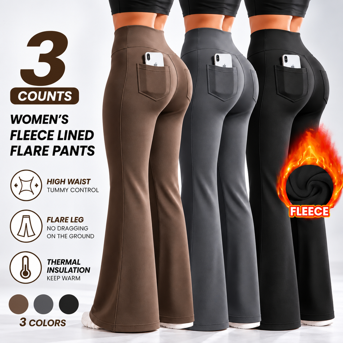 Women’s Fleece-Lined Flare Pants – High-Waisted with Pockets 🤎