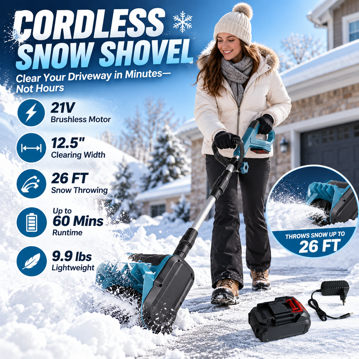 ❄️ 21V Cordless Electric Snow Shovel – Lightweight, Powerful & Easy Snow Removal | 60-Min Runtime
