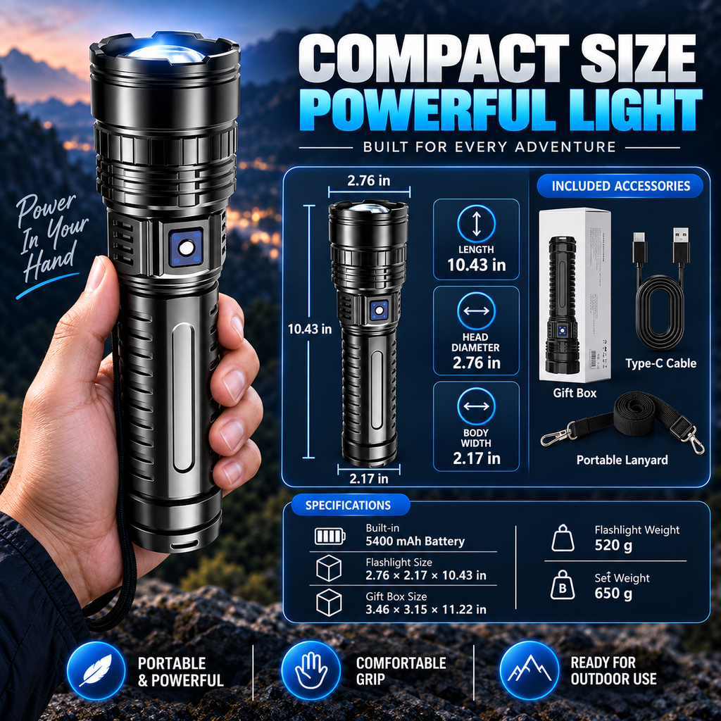 Military-Grade 2-in-1 Zoomable Tactical Flashlight & Emergency Power Bank: Ultra-Bright LED, COB Work Light & 5400mAh High-Capacity Battery 🔦⚡