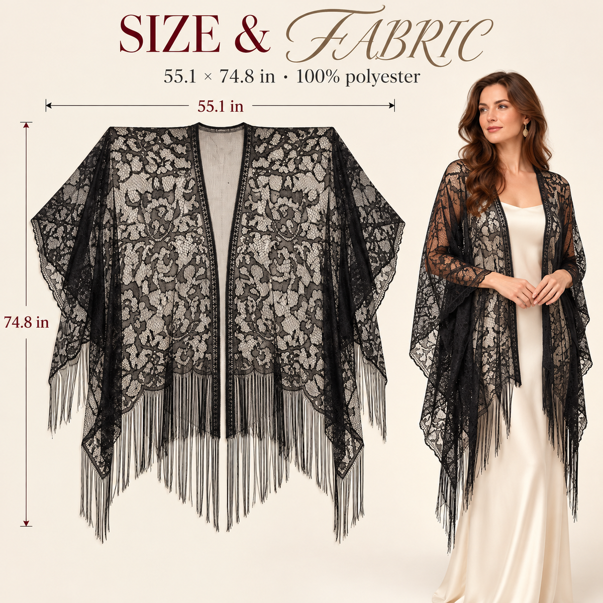 Elegant Floral Lace Kimono Wrap with Flowing Fringe | Evening & Wedding Shrug