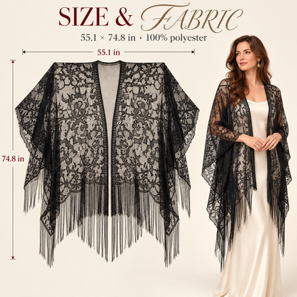 Elegant Floral Lace Kimono Wrap with Flowing Fringe | Evening & Wedding Shrug