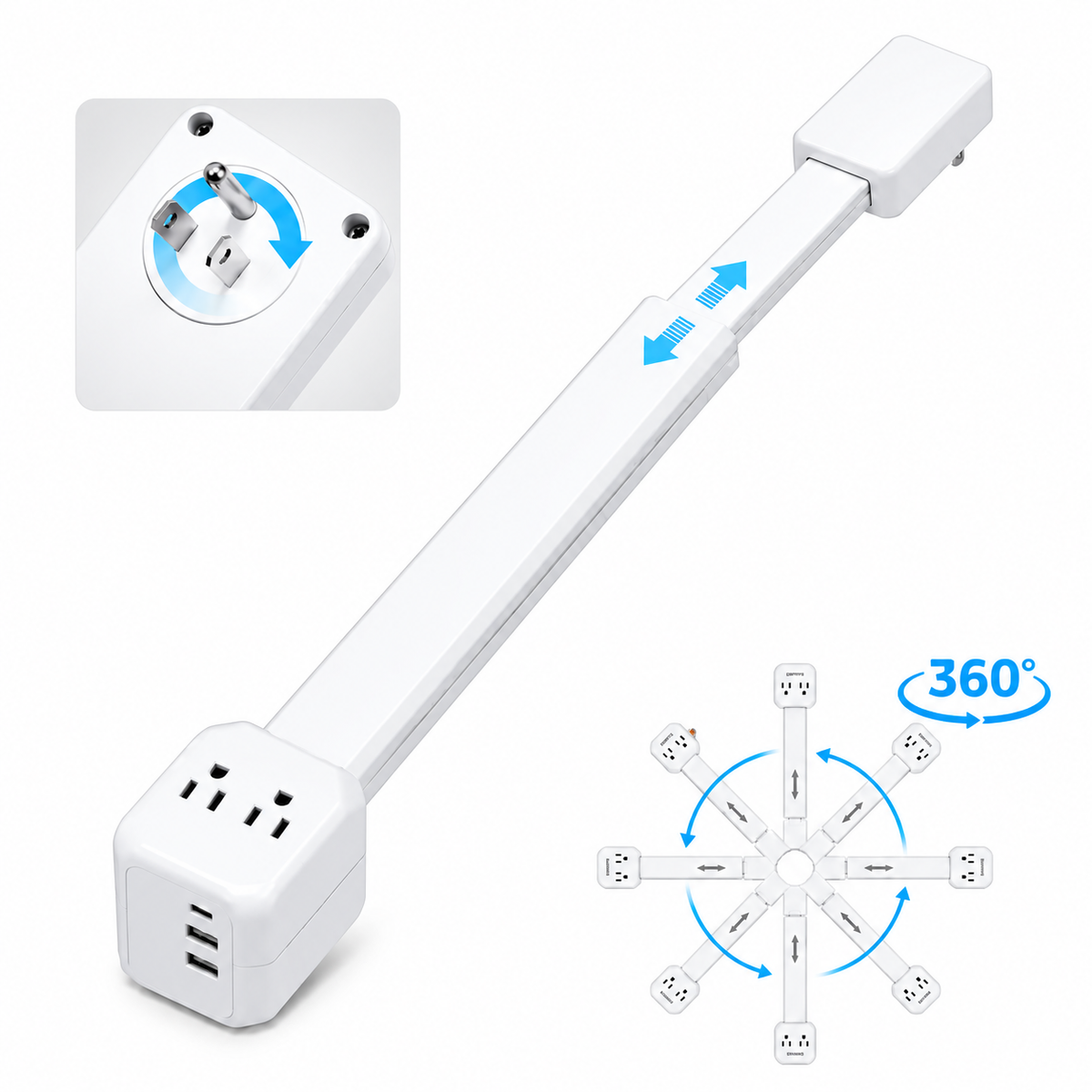 Rotating & Extendable Wall Outlet Extender – 4-in-1 Power Strip with USB-A & USB-C