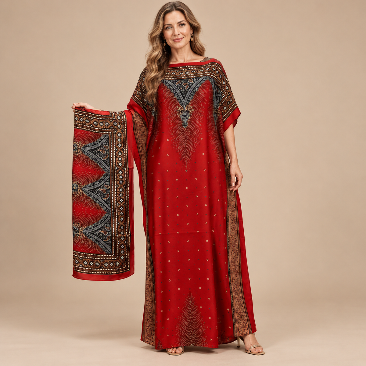 Printed Kaftan Maxi Dress & Matching Scarf Set