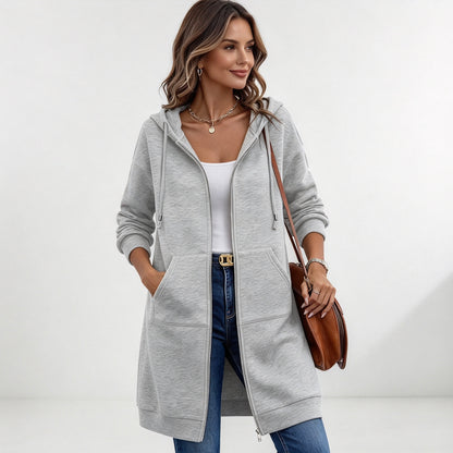 Women's Long Zip-Up Fleece Hoodie – Casual Oversized Full-Zip Outerwear with Pockets