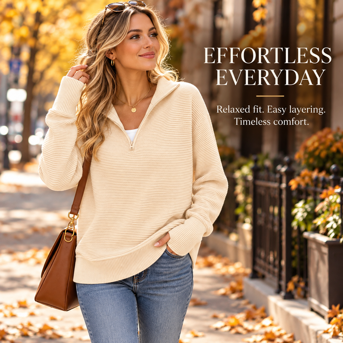 🍂 Cozy Fall Fashion | Women's Long Sleeve Quarter-Zip Pullover Sweater, Loose V-Neck Collared Ribbed Knit Jumper with Thumb Holes ✨