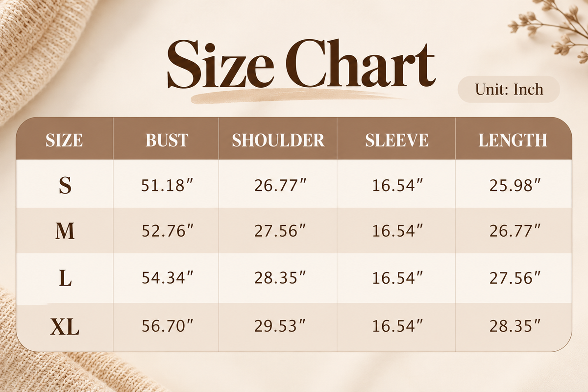 Oversized batwing knit sweater size chart in inches, sizes S M L XL, bust shoulder sleeve length