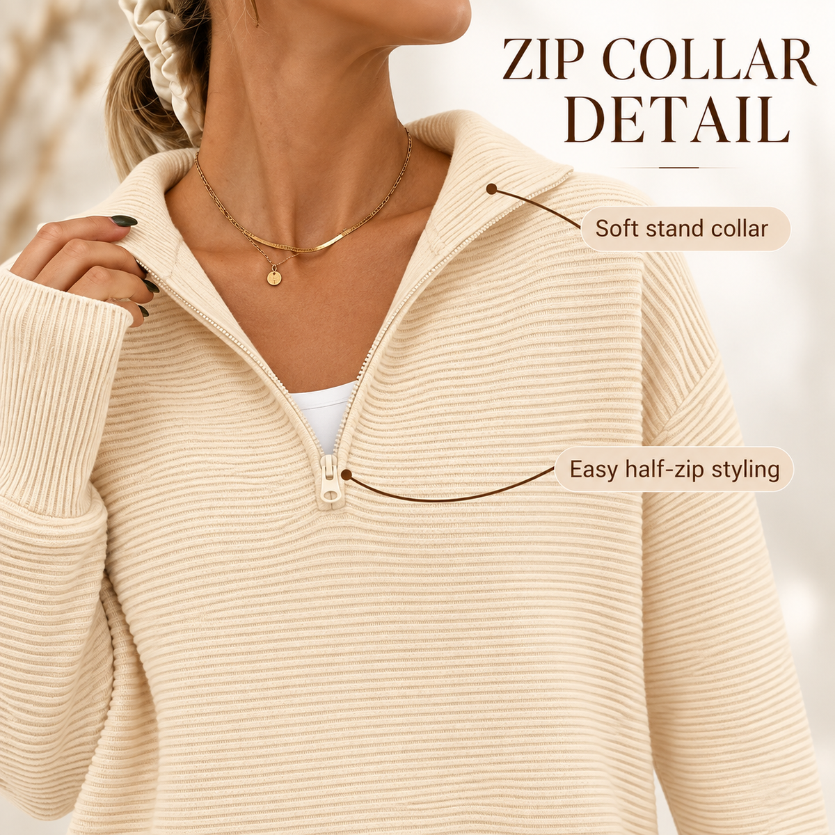 🍂 Cozy Fall Fashion | Women's Long Sleeve Quarter-Zip Pullover Sweater, Loose V-Neck Collared Ribbed Knit Jumper with Thumb Holes ✨