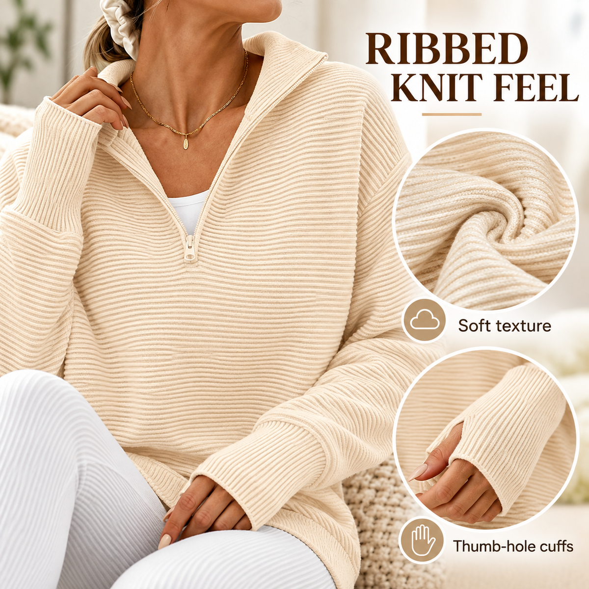 🍂 Cozy Fall Fashion | Women's Long Sleeve Quarter-Zip Pullover Sweater, Loose V-Neck Collared Ribbed Knit Jumper with Thumb Holes ✨