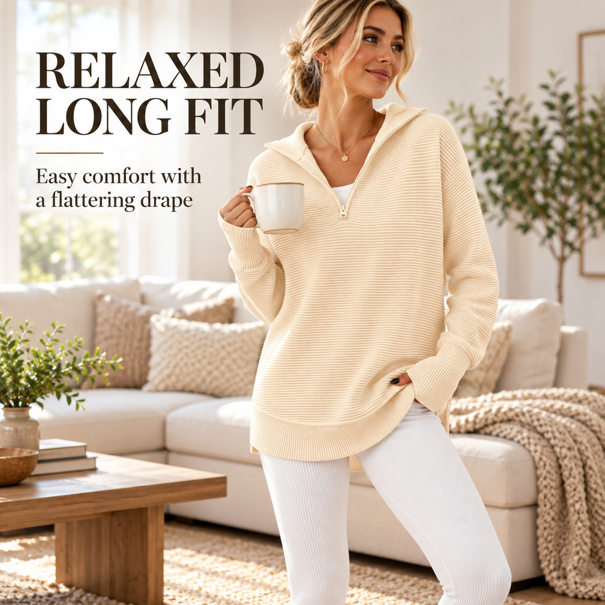 🍂 Cozy Fall Fashion | Women's Long Sleeve Quarter-Zip Pullover Sweater, Loose V-Neck Collared Ribbed Knit Jumper with Thumb Holes ✨