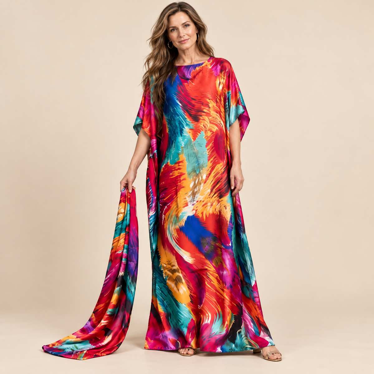 Printed Kaftan Maxi Dress & Matching Scarf Set
