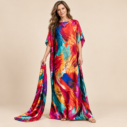 Printed Kaftan Maxi Dress & Matching Scarf Set