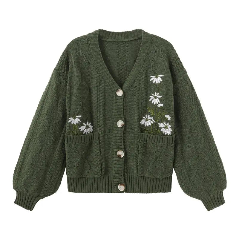 Women's Floral Embroidered Cable Knit Cardigan – Cozy Relaxed Button-Front Sweater with Pockets