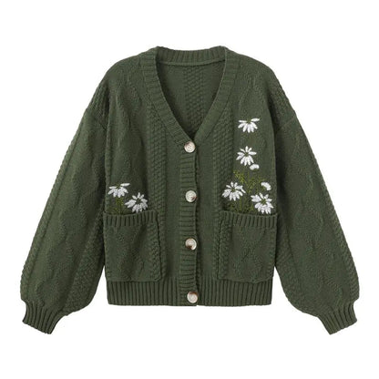 Women's Floral Embroidered Cable Knit Cardigan – Cozy Relaxed Button-Front Sweater with Pockets