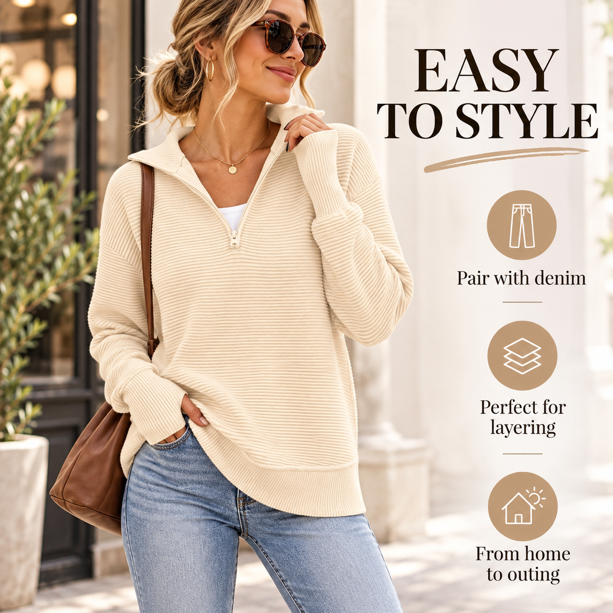 🍂 Cozy Fall Fashion | Women's Long Sleeve Quarter-Zip Pullover Sweater, Loose V-Neck Collared Ribbed Knit Jumper with Thumb Holes ✨