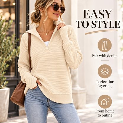 🍂 Cozy Fall Fashion | Women's Long Sleeve Quarter-Zip Pullover Sweater, Loose V-Neck Collared Ribbed Knit Jumper with Thumb Holes ✨